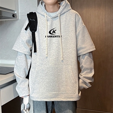 W866-P63M-6XL秋季美式重磅酷丝棉加绒假两件套头连帽卫衣，男装卫衣，星座109-1
