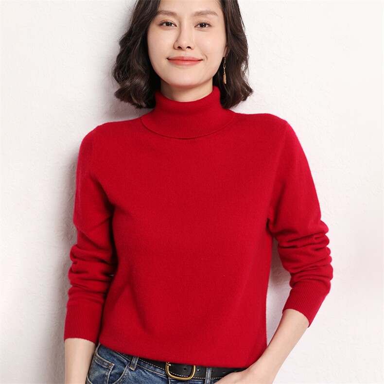 休闲简约百搭淑女通勤长袖高翻领套头羊毛衫图片