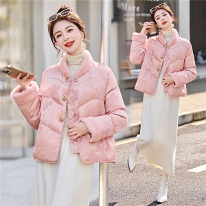 新中式guo风2025年冬季新款拼环保毛暗纹提花高级感小花扣棉衣，女装棉衣/棉服，乐吉娜