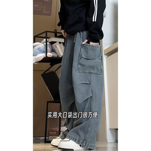 港风水洗直筒牛仔裤男女同款复古休闲工装潮流宽松长裤K646TP55图片