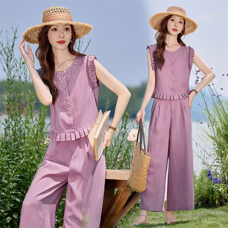休闲无袖亚麻套装女2025夏新款宽松遮肚小香风天丝麻阔腿裤两件套，女装套装/套裙，E百度