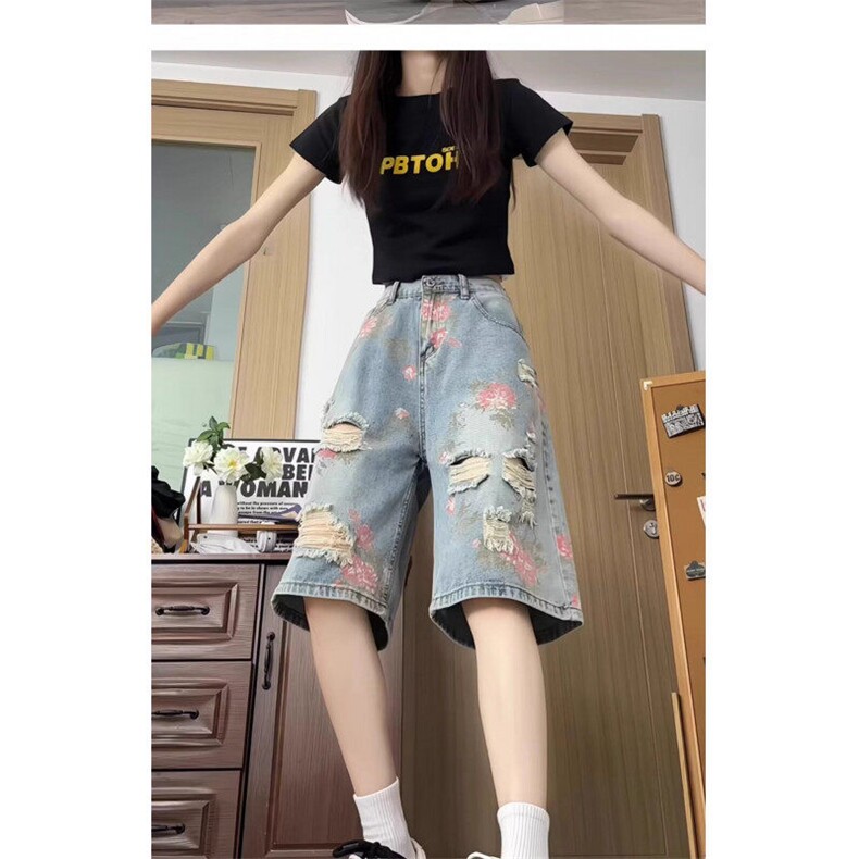 花卉破洞牛仔短裤男款夏季小众设计感裤子美式高街vibe休闲五分裤,男装牛仔裤,星座601-1