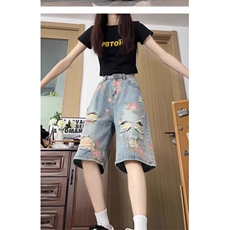 花卉破洞牛仔短裤男款夏季小众设计感裤子美式高街vibe休闲五分裤，男装牛仔裤，星座601-1