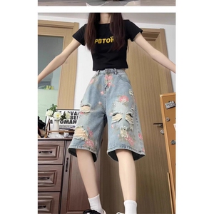 花卉破洞牛仔短裤男款夏季小众设计感裤子美式高街vibe休闲五分裤图片