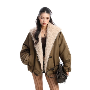 美式复古翻领毛绒牛角扣棉服外套冬季宽松加厚短款棉衣棉袄图片