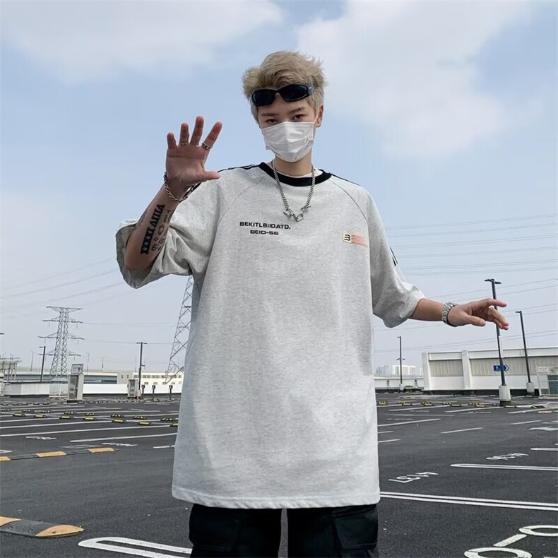 短袖t恤男欧美潮牌半袖精梭棉宽松嘻哈高街百搭上衣字母印花潮酷图片