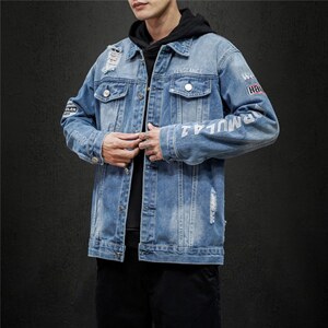 jk818-p80 M-5XL黑墙ins牛仔夹克绣花破洞大码男日系CITYBOY图片