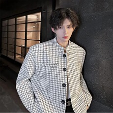 短款垫肩千鸟格西装外套男穿搭立领休闲西服小香风夹克JK240P65，男装西服，星座1013-5