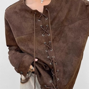 复古棕色抽绳对襟皮衣外套男春秋季夹克小众痞帅上衣服PY34-P76图片