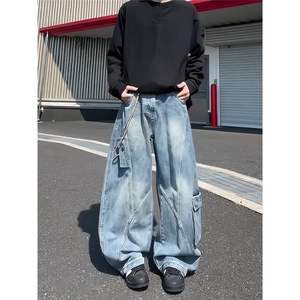 美式复古弯刀工装牛仔裤男款秋季潮牌痞帅高级感裤子多口袋阔腿裤图片