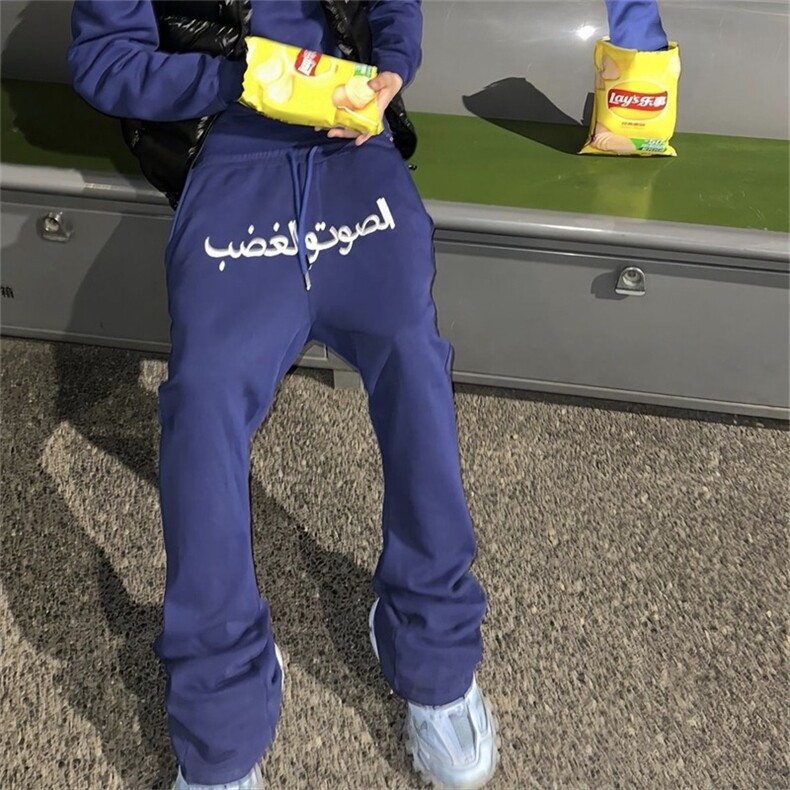 阿拉伯文刺绣弯刀卫裤男女春秋微喇显瘦运动长裤美式休闲直筒裤子图片