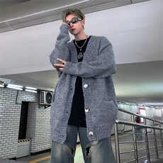 2023秋冬季新款美式复古休闲灰色慵懒风V领针织衫毛衣男开衫外套，男装针织衫/毛衣，四季星座218-1