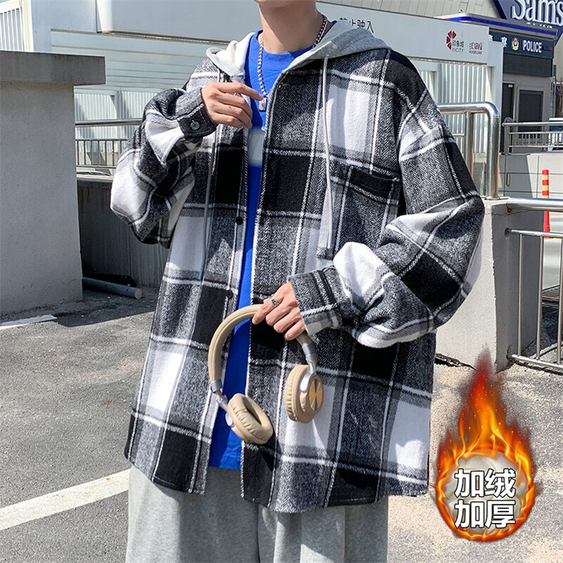 冬款呢料磨毛连帽衬衫港风大码加绒加厚衬衣外套J25858J加绒-P60图片