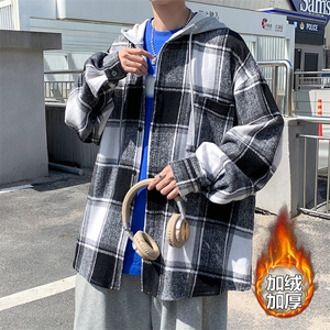 冬款呢料磨毛连帽衬衫港风大码加绒加厚衬衣外套J25858J加绒-P60图片