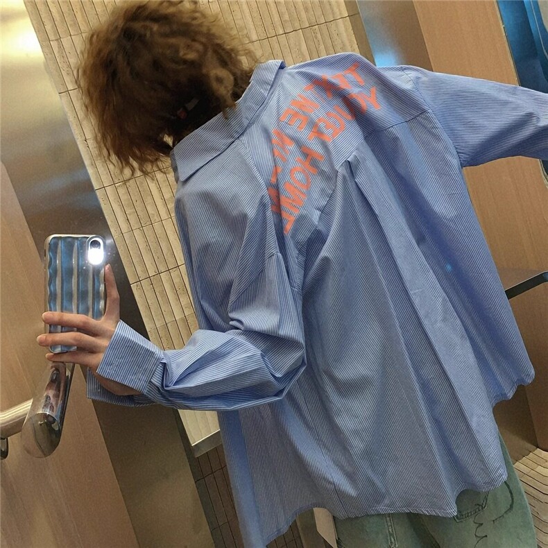 网图 CS31-特P38控68 25春装男女字母印花衬衫宽松版条纹开衫衬衫图片