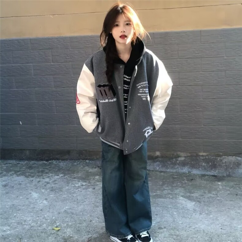 无品牌美式复古R字魔术贴棒球服男女秋冬加厚情侣装夹克外套气质,男装夹克,星座506A