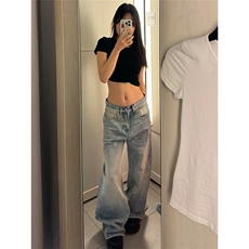 高级感cleanfit竹节纹水洗弯刀牛仔裤女美式复古百搭长裤，男装牛仔裤，星座506A