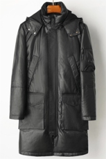 W103海宁真皮皮衣男头层牛皮白鸭绒羽绒服中长款连帽皮夹克P980，男装夹克，电商B360A（原721A）