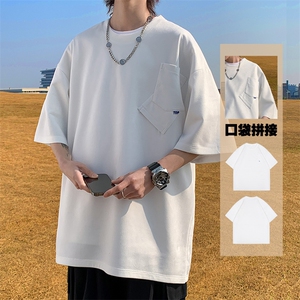 240克麂皮绒短袖T恤大码宽松拼接口袋情侣T恤 109-T23610-P28图片