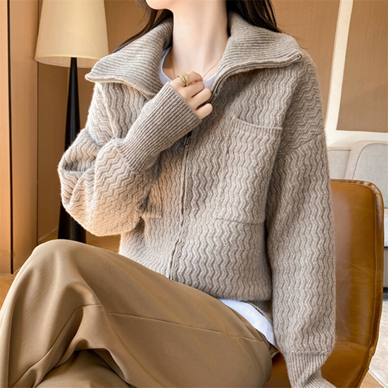 秋冬翻领羊绒开衫女高领双拉链毛衣外套加厚针织宽松羊毛衫外搭,女装羊毛衫,盛鼎羊绒