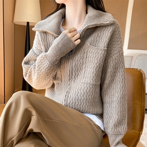 秋冬翻领羊绒开衫女高领双拉链毛衣外套加厚针织宽松羊毛衫外搭图片