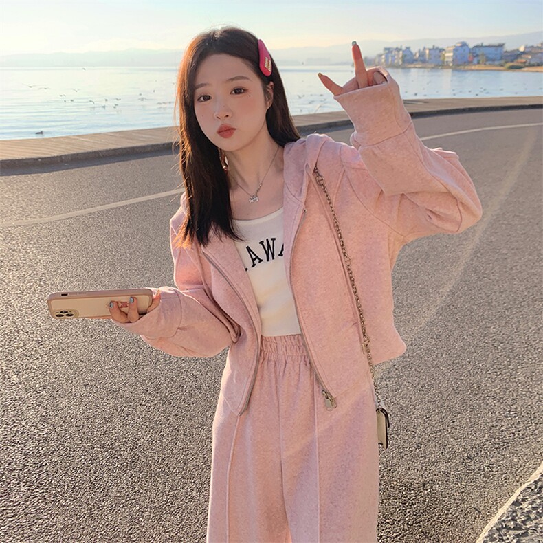 休闲运动穿搭粉色卫衣套装女春秋2025新款超火多巴胺阔腿裤两件套,女装套装/套裙,2C187