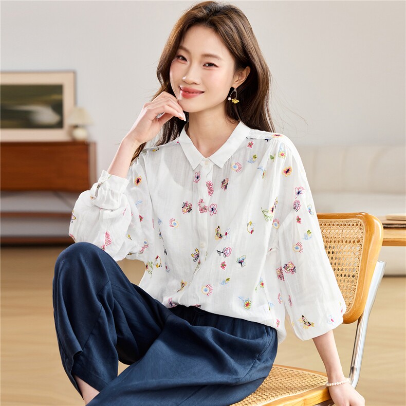 2026春秋季苎麻时尚简约大方气质优雅刺绣休闲透气衬衫，女装衬衫，独衣靓