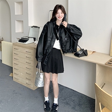 黑色皮衣短外套女春季2024新款美式复古小个子pu皮机车洋气夹克潮，女装皮衣，2C201