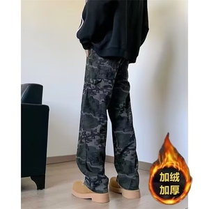 迷彩牛仔裤男款潮加绒宽松直筒高街百搭休闲工装长裤子AM7006 P53图片