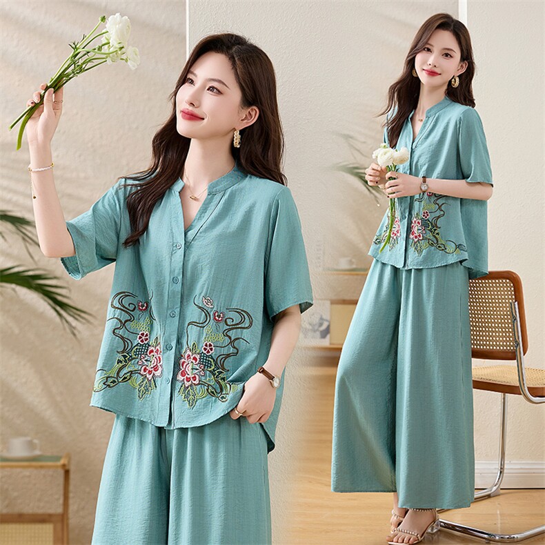 天丝麻短袖休闲套装女夏季2025新款重工刺绣衬衫显瘦阔腿裤两件套，女装套装/套裙，涵墨