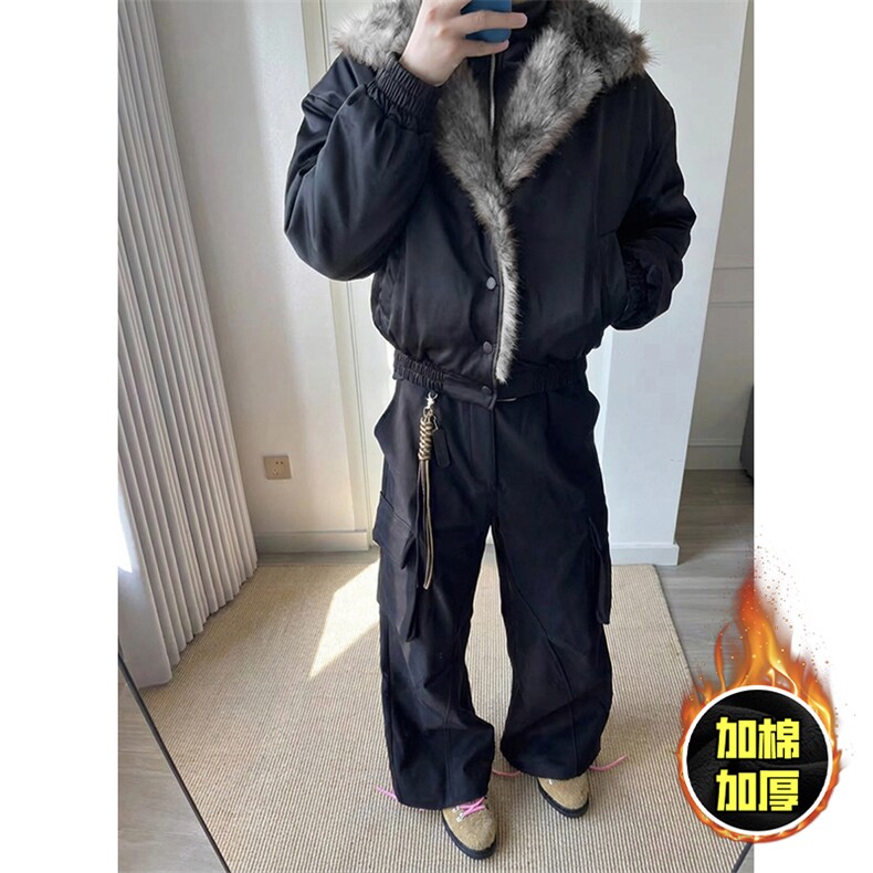 现货高品质美式高街重磅狼王座山雕毛毛领假两件棉衣加厚棉服外套，男装棉衣，电商A486