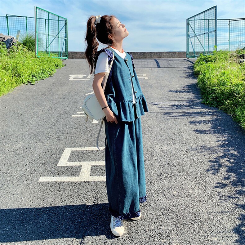 深蓝色气质牛仔上衣直筒裤两件套女2025夏季新款高腰减龄显瘦套装,女装套装/套裙,浙宝276（原081）