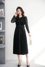 【现货】秋季新款时尚修身显瘦系腰带中长款丝绒连衣裙，女装连衣裙，名怡