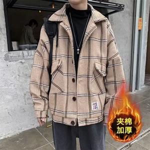 加绒加厚冬款男棉衣条纹格子毛呢棉袄保暖外套MA2406 P70图片