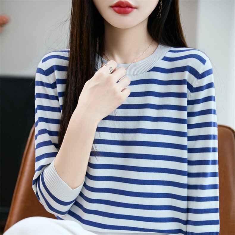 100%纯棉针织七分袖T恤女圆领条纹拼色中袖宽松棉麻短袖打底上衣图片