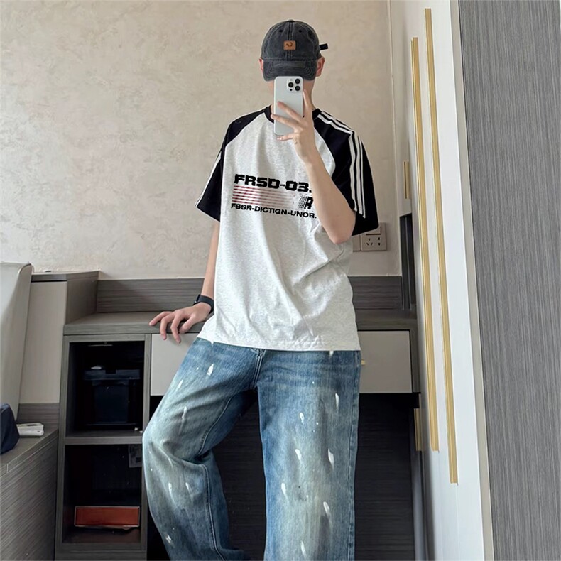 抖音得物品质二开240克宽松纯棉美式潮牌插肩三杠织带短袖T恤，男装T恤，电商A486