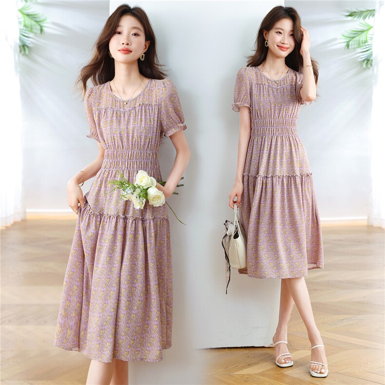 小清新碎花连衣裙女2025夏季新款小个子收腰修身显瘦气质印花裙子，女装连衣裙，布芭啦