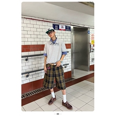 得物抖音高品质二开夏季美式潮牌高街假两件格子衬衣翻领短袖T恤，男装T恤，电商A486