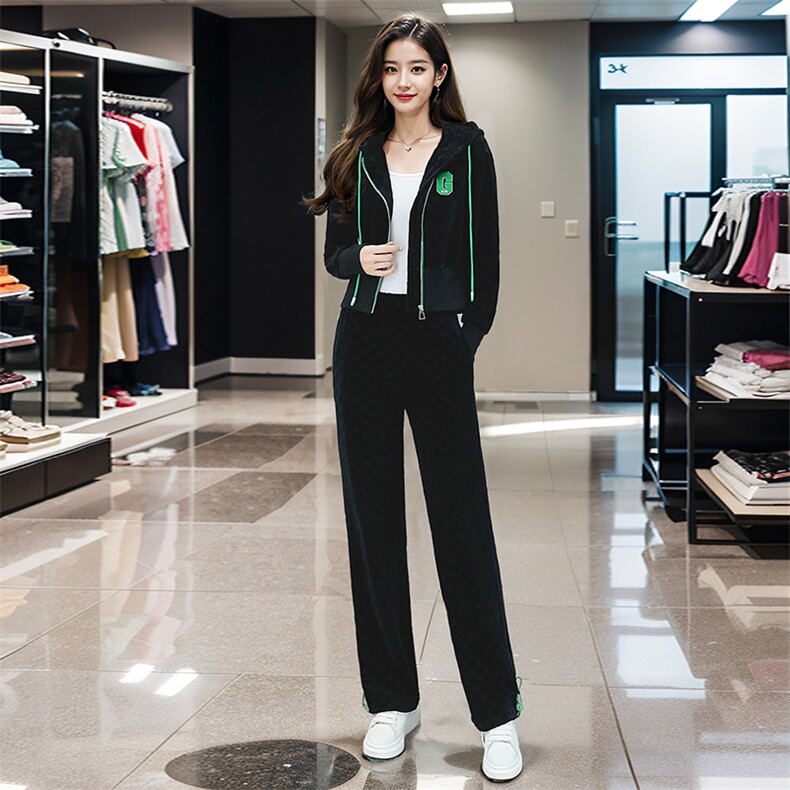 雪尼尔休闲运动服套装女2024新款棋盘格连帽阔腿裤两件套,女装套装/套裙,火爆靓佳人