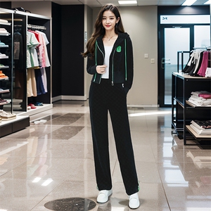 雪尼尔休闲运动服套装女2024新款棋盘格连帽阔腿裤两件套图片