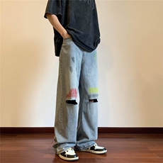 美式破洞牛仔裤男手绘个性高街帅气2024夏季ins宽松长裤NK919-P45，男装牛仔裤，星座1109-3