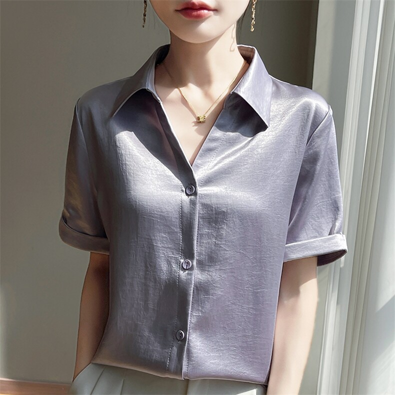时尚潮流2025年夏季百搭鎏金缎短袖衬衣，女装衬衫，圣丽羊绒
