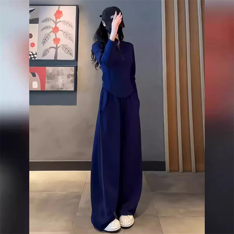 女初秋新款休闲运动套装气质减龄修身立领纯色上衣阔腿长裤两件套,女装套装/套裙,江南