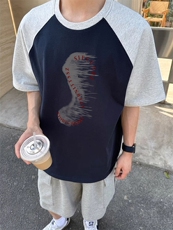 抖音得物高品质二开240克宽松纯棉美式潮牌插肩袖拼接短袖T恤，男装T恤，电商A486-1