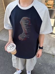 抖音得物高品质二开240克宽松纯棉美式潮牌插肩袖拼接短袖T恤图片