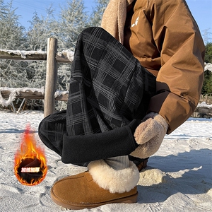 雪景弯刀裤子男冬季加绒加厚潮牌宽松格子纹休闲裤-A2246JR50