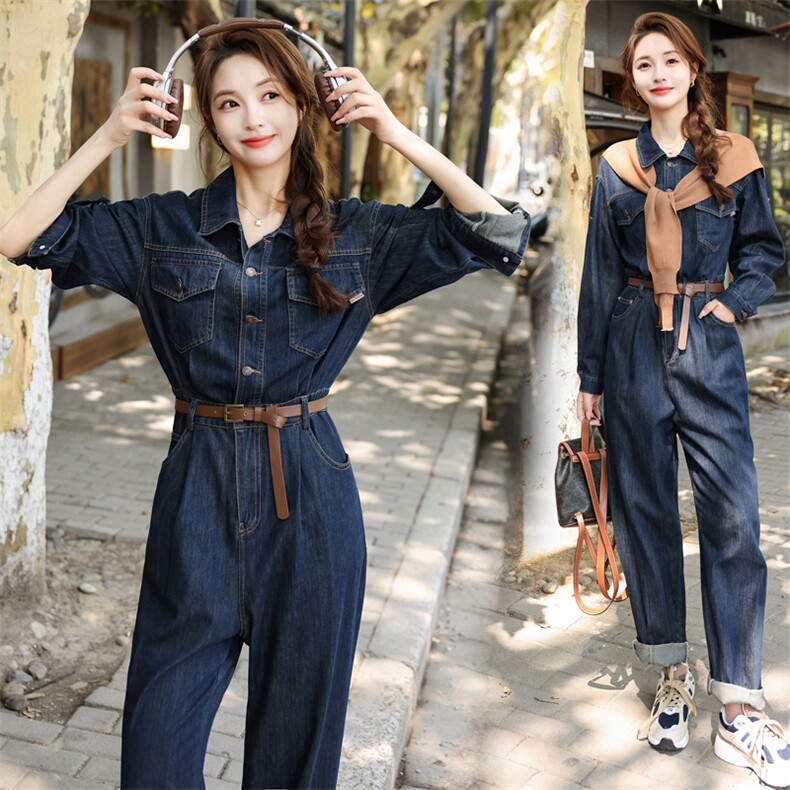 深蓝色复古牛仔连体裤女夏2025新款轻薄显瘦设计感阔腿连身裤，女装连体裤，意芙