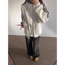 美式复古开衫外套三条杠潮牌卫衣运动宽松休闲上衣JK111特P63，女装短外套，星座908-1