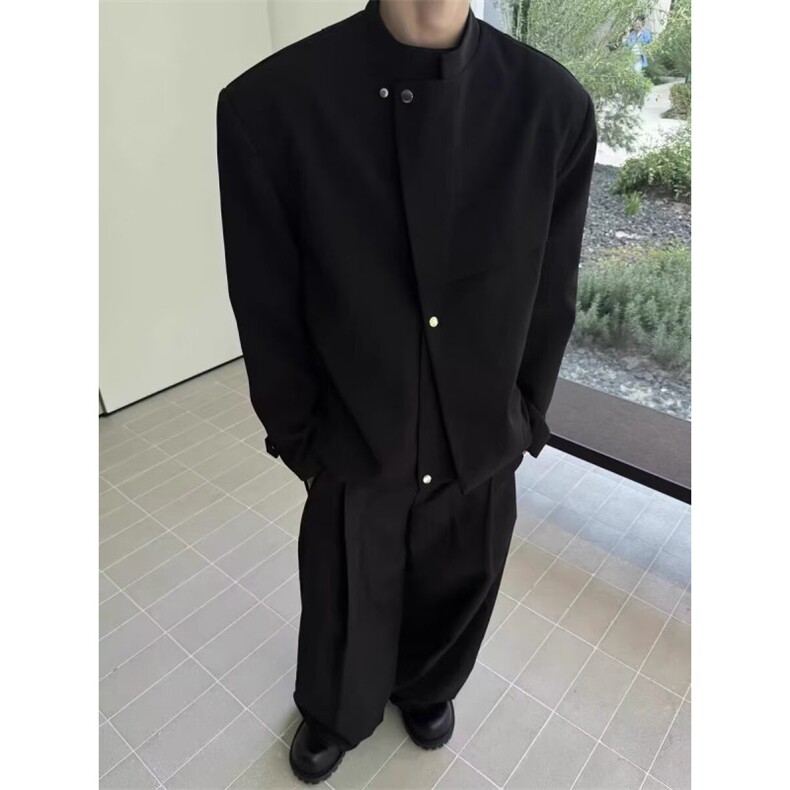 解构设计按新中式立领夹克男士新款黑色休闲西装外套西服图片