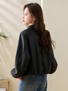 气质翻领黑色皮衣女2025春秋新款小个子短款休闲高级感皮夹克外套图片